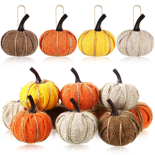 Kajaia 12 Pcs Mini Thanksgiving Fall Pumpkin Hanging Ornament for Tree 2.05 Inch Burlap Fabric Pumpkin Thanksgiving Hanging Decor for Fall Tree Harvest Party Mantel Wall Craft (Bright Color)