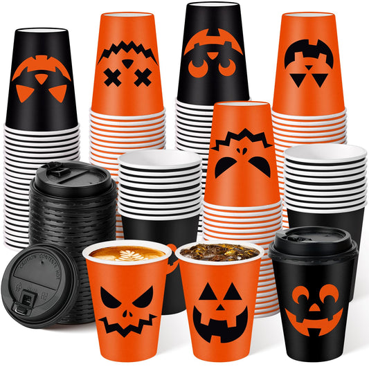 Hauwellter 100 Set Halloween Disposable Coffee Cups with Lids 12oz, Bulk Black Orange Pumpkin Disposable Party Paper Cups for Hot Chocolate Cold Drinks Halloween Birthday Party Supplies Decorations