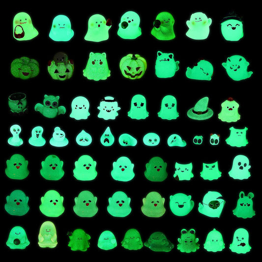 Sonwyoung 58 Pcs Halloween Luminous Mini Figures Glow in Dark Tiny Resin Figures Set Fairy House Diorama Accessories Halloween Pumpkin Ghost Skull Ornament for Garden Dollhouse Craft DIY (Wizard)