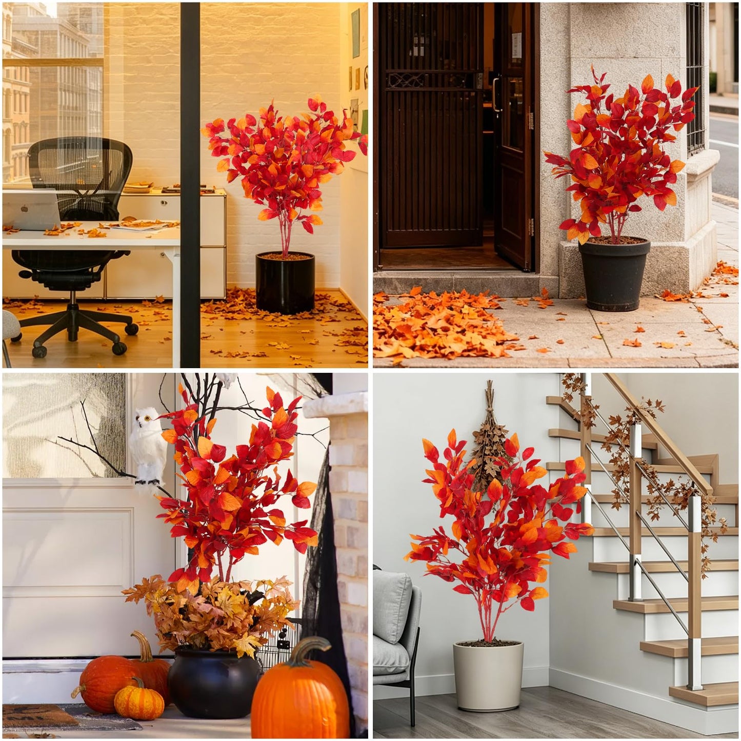 RECUTMS Artificial Fall Beech Leaf Stems 4Pcs 39Inch Fake Fall Foliage Branches Faux Autumn Leaves Long Greenery Stems for Tall Vase Thanksgiving Halloween Festival Harvest Home Decor(Sunset Red)