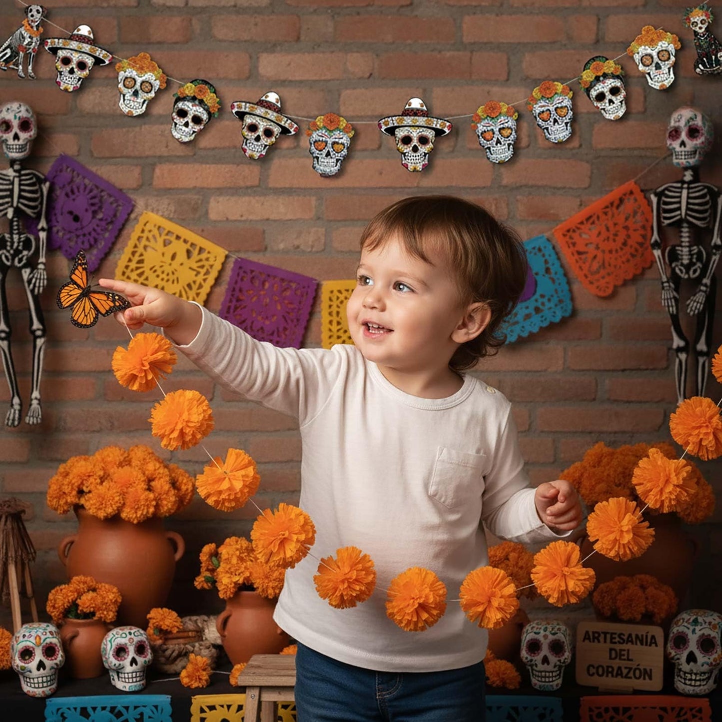 Day of The Dead Calavera & Papel Picado Banners Dia De Los Muertos Day of The Dead Party Decor with Monarch Butterfly Artificial Marigold Day of The Dead Flag Butterfly Decoration