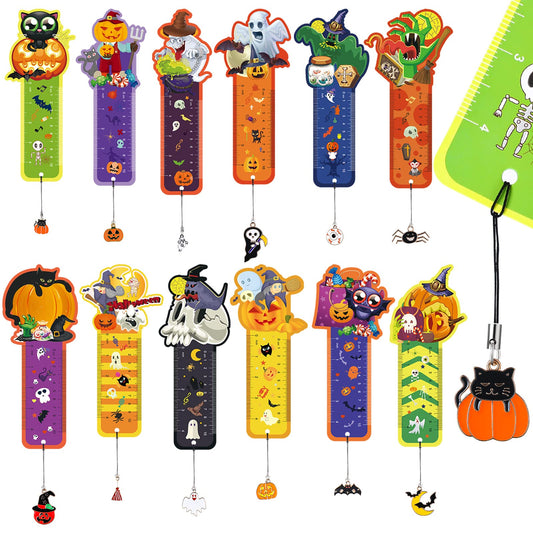 Pajean 24 Pcs Halloween Bookmarks, Ruler With Pumpkins, Ghost, Skulls Book Page Clips, Metal Charms for Classroom Rewards, Prizes, Holiday Party Favor Decorations