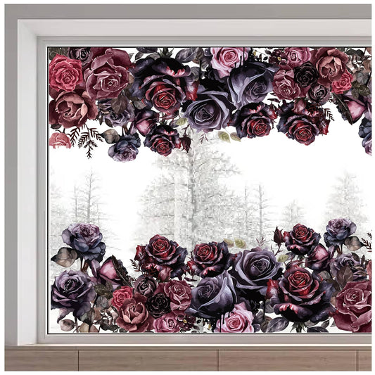 GORGECRAFT 118x39cm Large Rose Window Decals Dark Roses Flower Window Clings Halloween Decorations Self Adhesive Deep Stained Stickers Anti-Collision Floral Leaf Decals for Glass Sliding Door