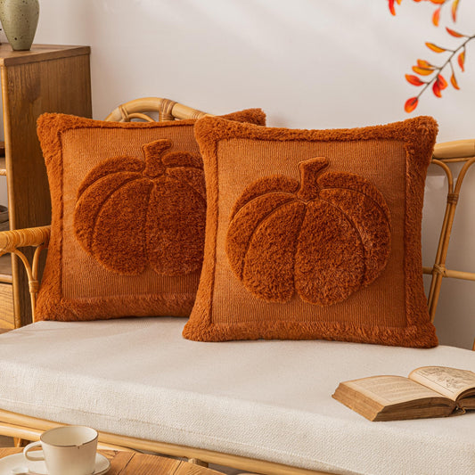 COSIBONO Rust Red Pumpkin Fall Throw Pillow Covers 18x18, Set of 2 Cute Fall Halloween Pillow Cases for Sofa Autumn Decor Soft Faux Fur Farmhouse Cushion Covers for Thanksgiving Living Room Bedroom