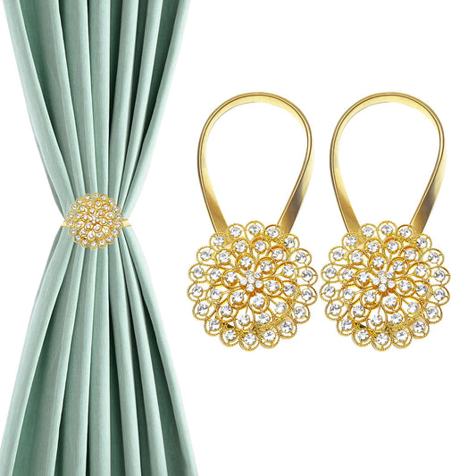 Mightree Magnetic Curtain Tiebacks,Magnet Curtain Clips with Stretchy Metal Rope for Home Office,Outdoor Decor Curtain Holdbacks,2 Pack Drape Holdbacks,Gold Diamond Flower