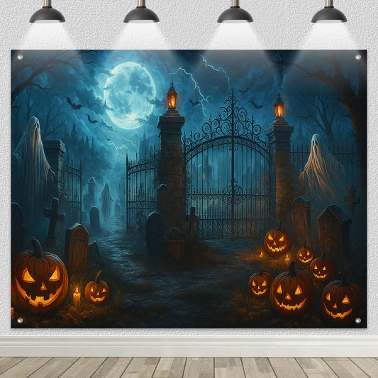 BlissYard Halloween Backdrop Banner for Party Decoration Photography Haunted Graveyard Ghosts Glowing Lanterns Full Moon 8x6ft Perfect for Spooky Halloween Party Horror Events