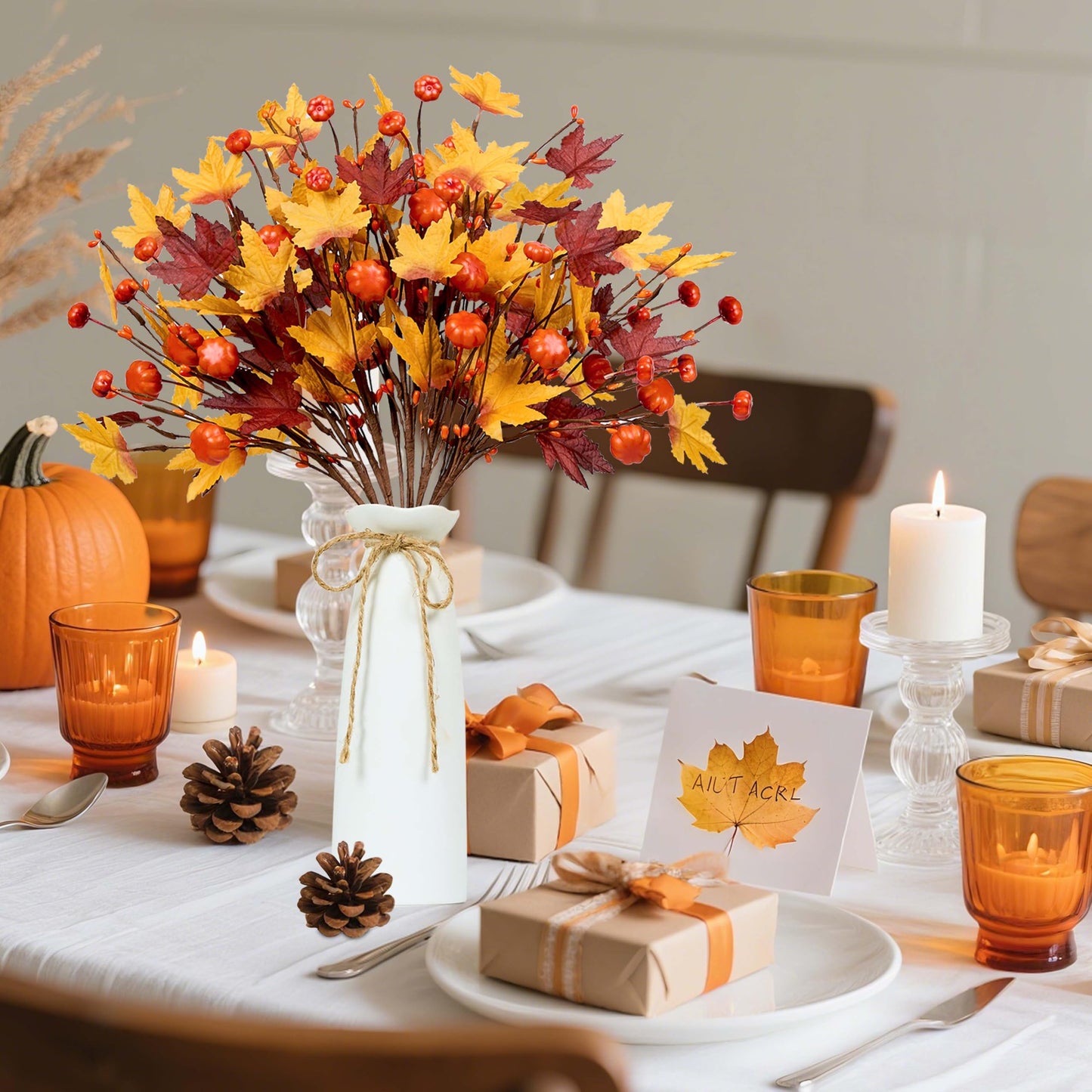 WSTPUPU Artificial Fall Stems10 PCS Fall Floral Picks 17Inch Autumn Berry Stems with Maple Leaves Suitable for Dining Tables Vase Center Decoration Thanksgiving and Harvest Festival