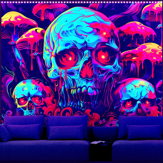 AOHMPT Blacklight Skeleton Tapestry - 79x59in UV Reactive Halloween Tapestry, Neon Melting Skulls Psychedelic Mushroom Wall Hanging, Trippy Glow in The Dark Aesthetic Room Decor for Bedroom