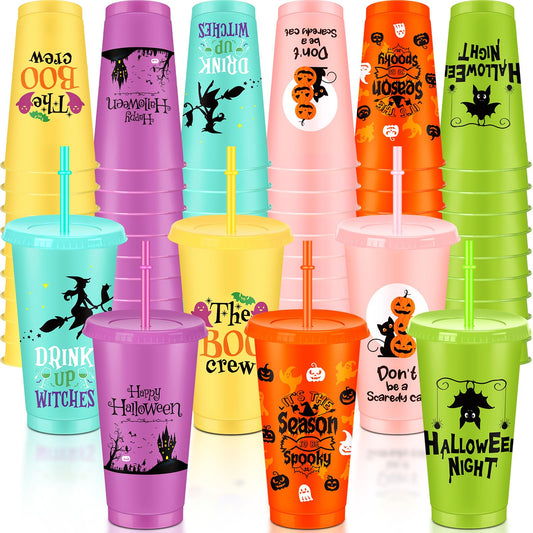 Mifoci 36 Pcs Cute Reusable Halloween Plastic Cups Bulk for Party Ring Toss Games Prizes 24 oz Halloween Tumbler with Lid and Straw for Prizes for Fundraiser Birthday Party(Pumpkin Style,Brigh Color)