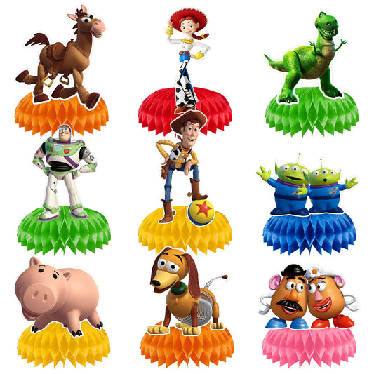 9Pcs Toy Honeycomb Centerpieces, Cartoon Movie Theme Birthday Party Supplies, Double-Sided 3D Table Decorations & Favors for Kids