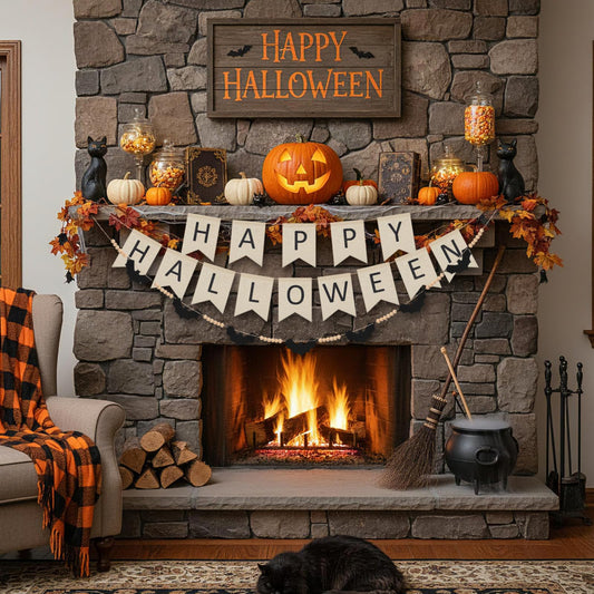 SmoothNovelty 2 Sets Halloween Decoration Wooden Felt Bat Bead Wreath Banner and Halloween Pull Flag Banner for Farmhouse Bat Wreath Decor for Mantel and Wall