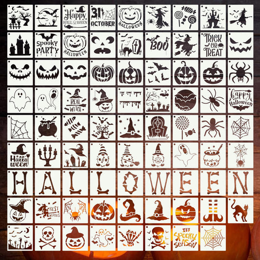 DZXCYZ 80 Pcs 3 x 3 Inch Halloween Stencils for Painting on Wood, Reusable Happy Pumpkin Spider Web Stencil DIY Ornaments Ghost Paint Template Set for Wall Door Home Decor