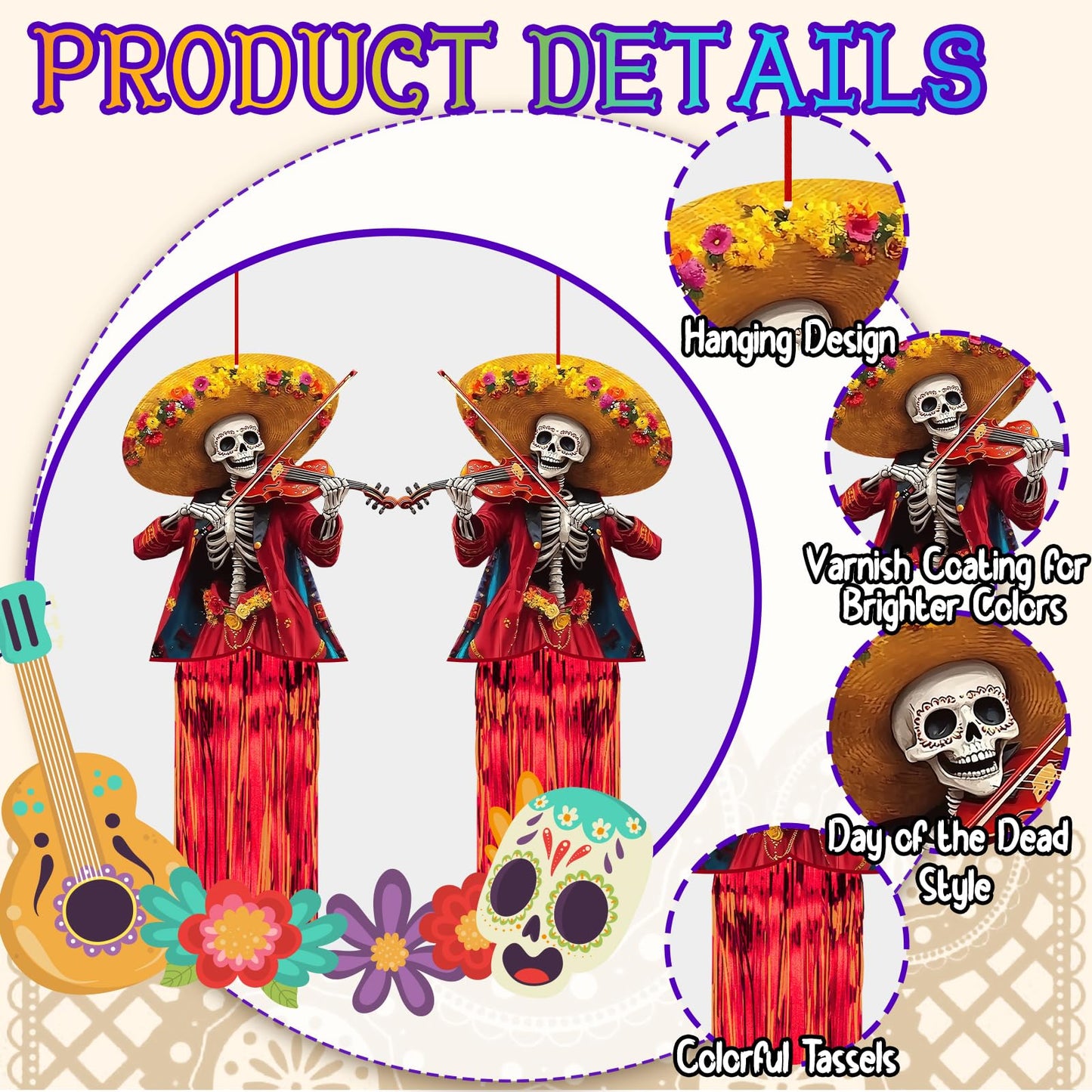 8 Pcs Day of The Dead Sugar Skull Hanging Decorations, 4.9 Ft Dia De Los Muertos Hanging Decorations for Dia de Los Muertos Altar, Ofrenda, Cemetery, Day of The Dead Party Home Outdoor Decor