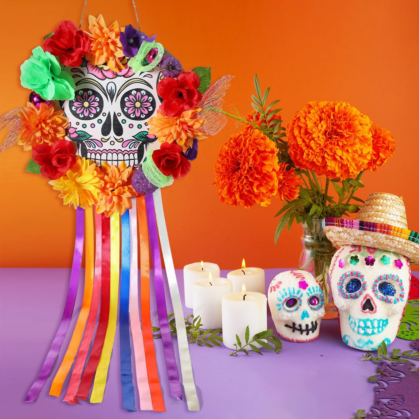 Cinnvoice Day of The Dead Wreath for Front Door Wooden Sugar Skull Marigold Door Wreath Decor Dia De Los Muertos Welcome Sign Hanging for Halloween Mexican Home Wall Porch Window