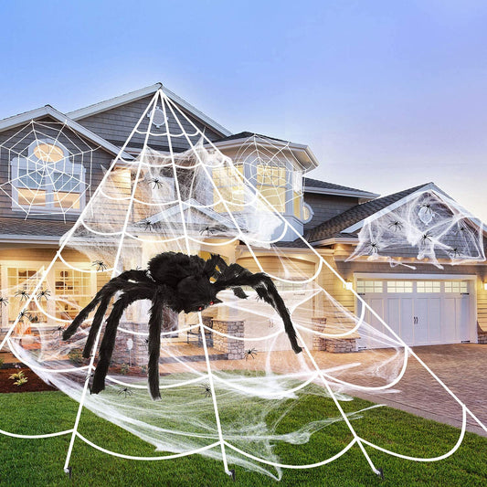 JOINSI 23ft Spider Web Halloween Decorations + 2.5ft Giant Fake Spider + Stretchy Dense Spider Silk + 20Pcs Small Spiders for Indoor Outdoor Yard Home Party Supplies Decor