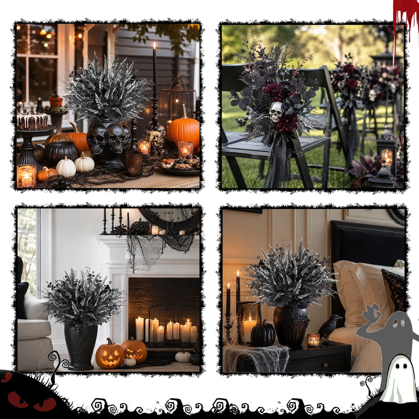 HIAGROW 12 Pcs Black Eucalyptus Stems with Ferns Dead Branches, Halloween Flowers DIY Black Silk Artificial Flowers Fake Spooky Branches for Home Halloween Farmhouse Gothic Arrangements Decor