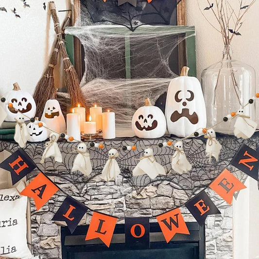 7Ft Halloween Banner Garland with Ghosts & Wooden Beads, Rustic Ghost Banner Hanging Ghost Garlands for Wall Home Indoor Outdoor Fall Decor Supplies(Black)