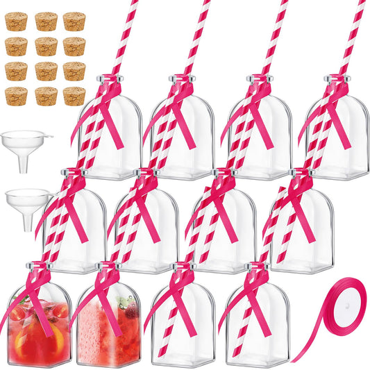 Baderke 12 Pcs Glass Bottles with Cork and Straw 4 oz Mini Empty Glass Bottle for Drinks Reusable Liquor Bottles with Silk Ribbon and Funnels for Cocktail, Wedding Party (Rose Red)