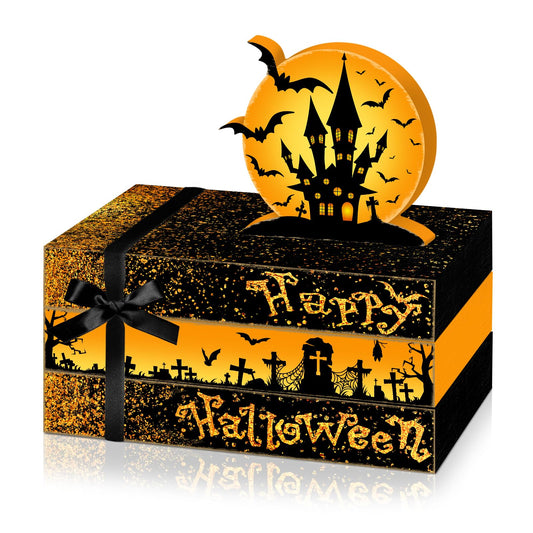 Culudea 4 Pcs Halloween Decorations for Home Castle Table Decor Halloween Bat Wooden Faux Book Stack Sign Tiered Tray Decor Spooky Centerpiece for Home Shelf Mantel Entryway Office Party