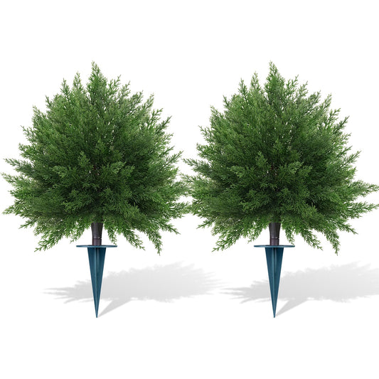 Grooy Artificial CedarTopiary Bushes for Outdoors with Spike, Set of 2 Cypress Topiary Trees with UV Resistant, Outdoors Fake Shrubs Faux Plants for Front Porch Indoor Outdoor Decor