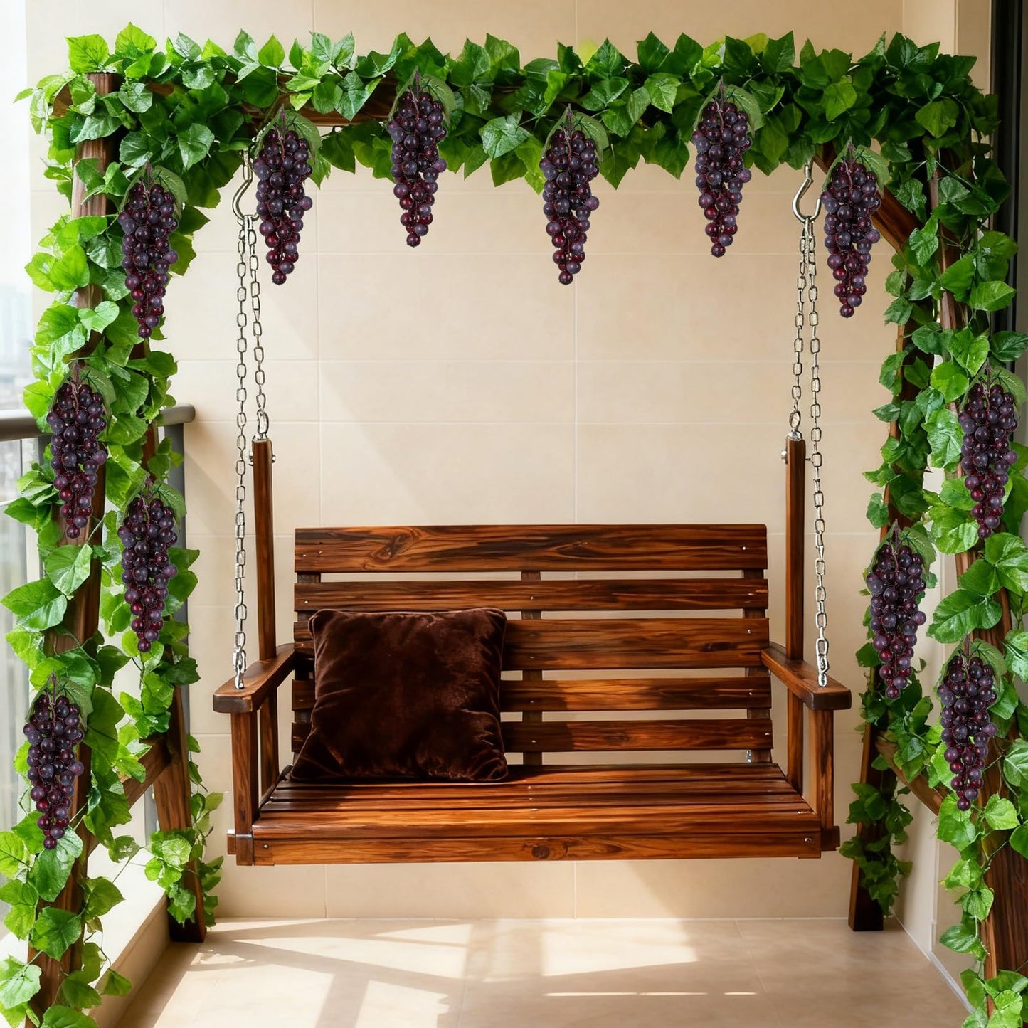 5Pcs 36 Leaves Artificial Greenery Garlands Hanging Leaves with 5 Strings 36 Purple Grapes for Faux Grape Leaf Garland Vine Plants for Indoor Outdoor Wedding Garden Home Party Wine Rack Decor
