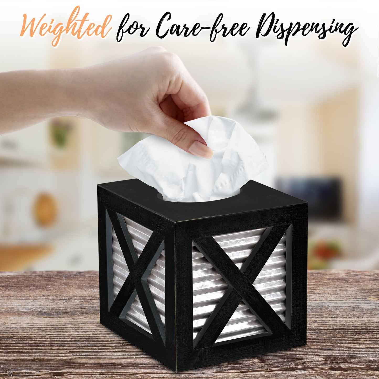 Autumn Alley Barn Door Square Farmhouse Tissue Box Cover in Black and Galvanized – Farmhouse Bathroom Accessories – Rustic Bathroom Décor Tissue Holder | Wood Galvanized Tissue Box Cover