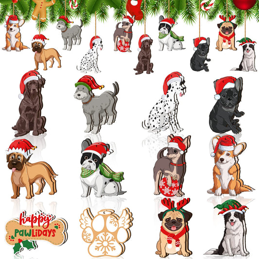 Yalikop 24 Pieces Christmas Wooden Ornaments Dog Hanging Ornaments for Tree Wood Small Dogs Pet Decorations Puppy Wooden Ornament for Christmas Thanksgiving Day Party Favors (Dog Style, 24 Pieces)