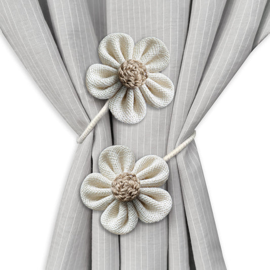 Curtain Tie Backs for Curtain Drapes, Boho Decor Holdback Farmhouse TieBacks for Blackout/Sheer Curtains, Jute Rope with Flower, Natural Decor Shabby Chic Drapery Holder, Pack-2