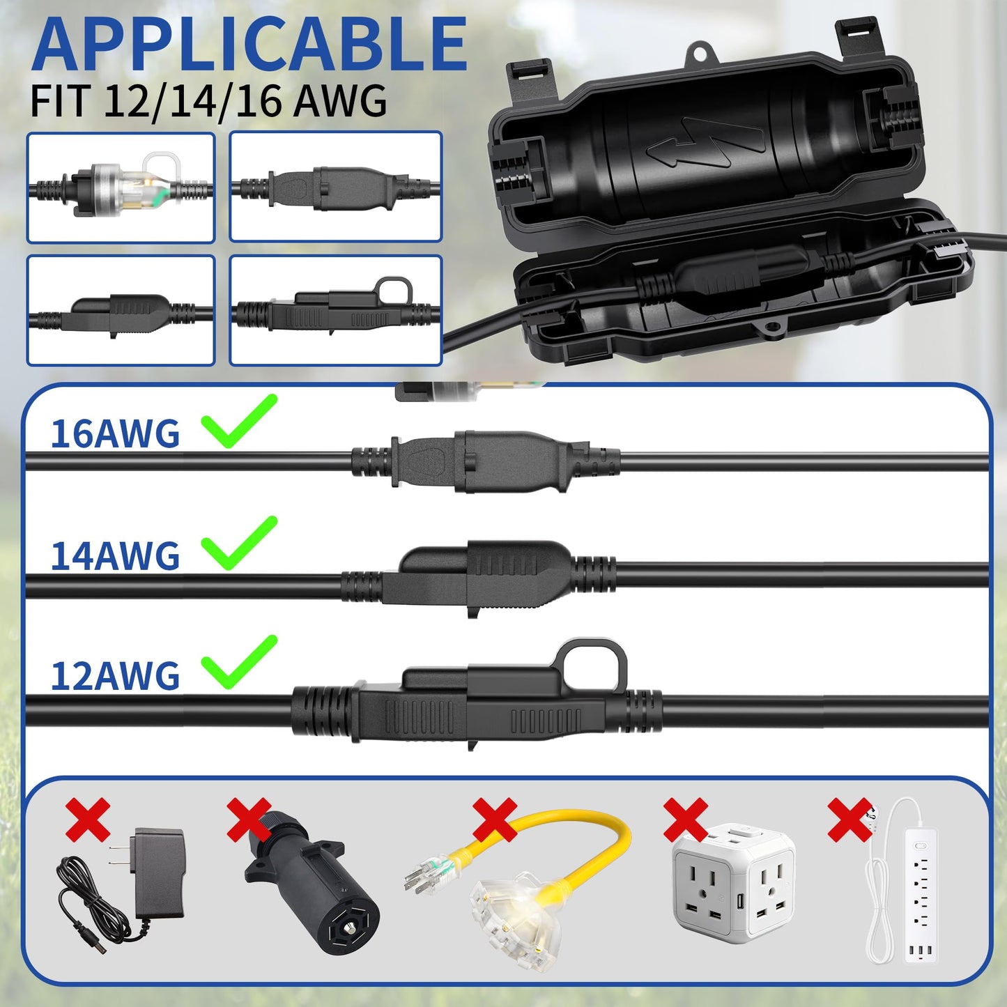9 Pack Outdoor Extension Cord Safety Cover with Waterproof Seal IP54 Water-Resistant, Weatherproof Electrical Connection Box with 2 Latches, Plug, Socket, Holiday Decoration Light, Black