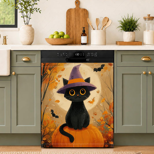 Black Cat Pumpkin Halloween Dishwasher Magnet Cover,23x26 Inch Magnetic Dishwasher,Waterproof Appliance Cover for Holiday Kitchen Decor Housewarming Gifts