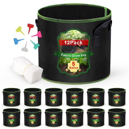 MEKOLIFE 5 Gallon Grow Bags 12 Pack - Thickened Nonwoven Aeration Planter Bags with Handles, Plant Tags & Seedling Bags, Heavy Duty Black Fabric Pots for Vegetable Gardening Garden Outdoor