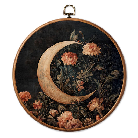 Chicimln Vintage Floral Moon Round Wall Art, Dark Cottagecore Botanical Flower Framed Canvas Prints, Gothic Witchy Lunar Wildflower Circle Wall Hanging Decor for Home Bedroom Living Room 10x10 Inch