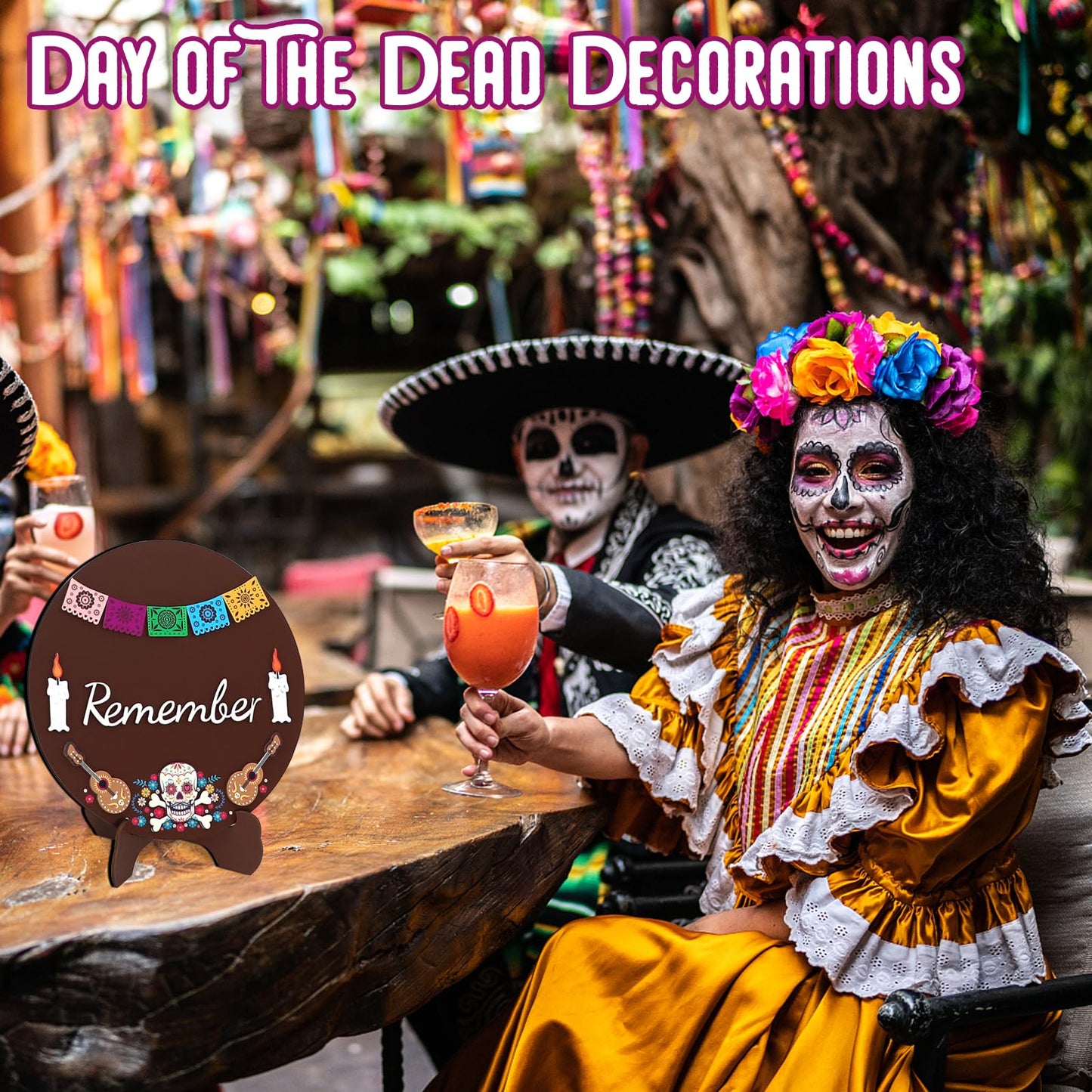Day Of The Dead Decorations, Dia De Los Muertos Ofrenda Altar Recuerdame Wood Sign Decorations Kit with Stand, 3d Calaveras, Papel Picado Altar Supplies Decor Halloween Home Party
