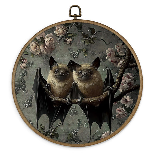 Gnmduw Witchy Halloween Bats Wall Art Framed, Vintage Gothic Bat Round Hanging Wall Decor, Dark Academia Bats Floral Canvas Prints Art for Bathroom Bedroom Living Room, 10x10 In