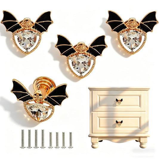 Sutfmwe Bat Knob, Gothic Knobs Pulls Handle for Cabinet Drawer Closet Dresser Bookcase Wine Cooler Gothic Theme Furniture Decor Single Hole Crystal Skull Bat Knob Pull 4PCS