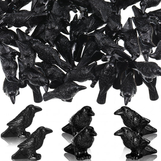 RoundFunny 50 Pcs Miniature Resin Crows Mini Halloween Figurines, Small Black Raven Halloween Bird Figures to Hide Tiny Raven Decor Black Crows Gothic Miniature for Micro Landscape Craft Party Favors
