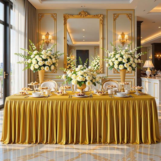 8FT Gold Satin Tablecloths for Rectangle Tables - Shiny Spandex Party Table Cover with Pleated Table Skirt, No-Wrinkle & Glossy Wedding Tablecloth One-Piece for Birthday Baby Shower Banquet Ceremony
