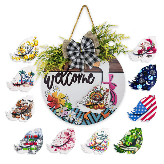 Midrean 12" 11PCS Wooden Interchangeable Holidays Seasons Decor Welcome Home Goosey Signs Year Round Wreaths for Front Door Porch Decorations Women Gift (Colorful)
