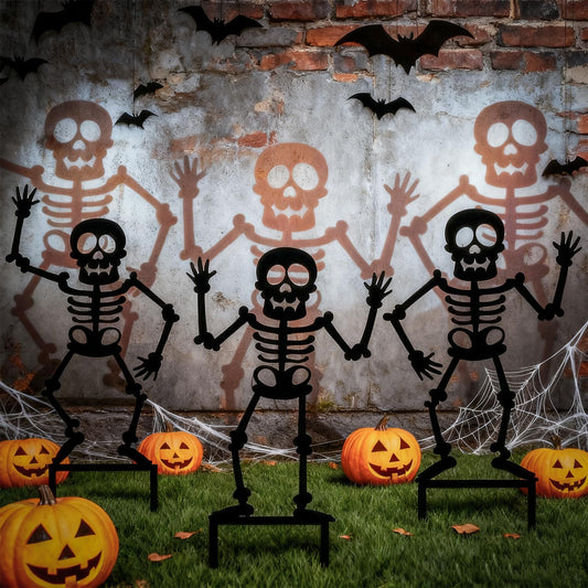 JarThenaAMCS 3Pcs Halloween Decoration Outdoor Metal Yard Stakes 45" Tall Dancing Skeleton Decorative Lawn Sign Gothic Scary Funny Garden Stake for Trick or Treat Party Home Outside Lawn Porch Decor