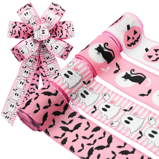 Craflox Pink Halloween Wired Ribbon for Wreath Bows, 4 Rolls, 2.5″ Wide, 20 Yards Total, Pastel Girly Halloween Ghost Wired Ribbons for Crafts Supplies, Pumpkin Cat Ribbon Bow