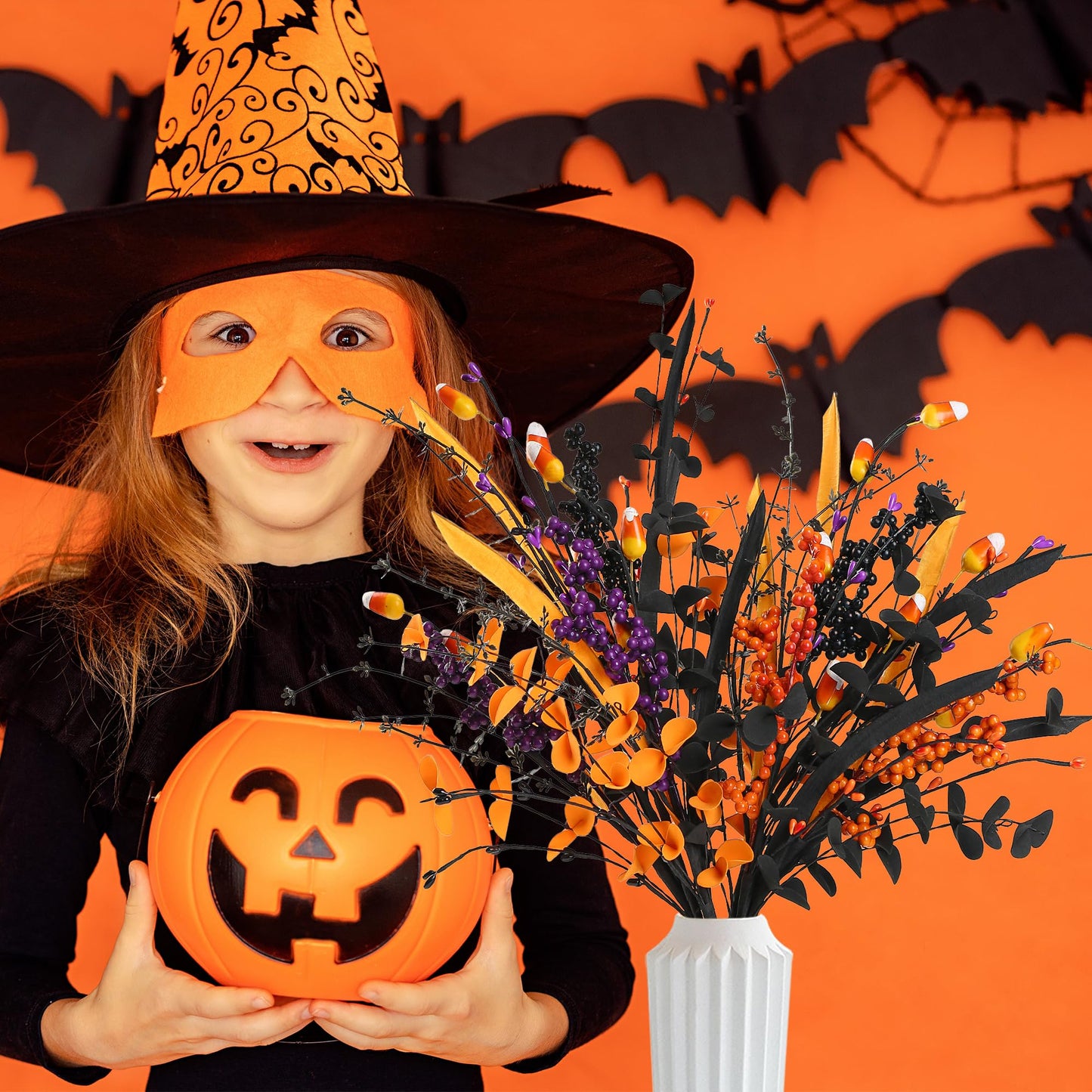 Sggvecsy 6 Pcs Artificial Halloween Stem with Berries Teeth Black Orange Leaves Faux Picks Decorative Twigs for Flower Arrangemant Table Centerpiece Halloween DIY Crafts Festival Home Decoration