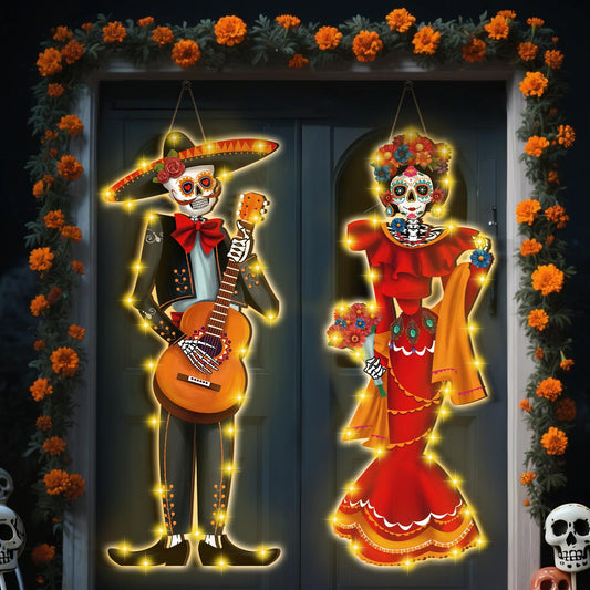 Karenhi 2 Pcs Dia De Muertos Decorations Day of The Dead Porch Decor Mexico Day of The Dead Porch Signs with LED Lights Halloween Sugar Skull Couple Catrina Decor for Mexican Fiesta Party Outdoor Wall