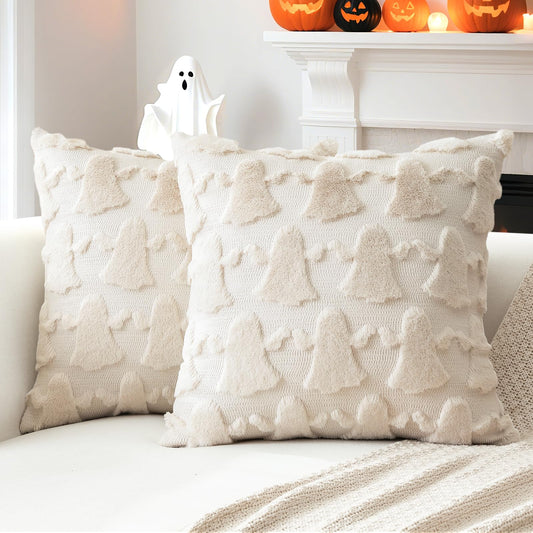 OTOSTAR Set of 2 Ghost Pillow Covers Halloween Throw Pillow Covers for Sofa Couch Bed Living Room Soft Plush Short Wool Velvet Farmhouse Throw Pillow Covers for Thanksgiving Cream Beige 14x14 Inch