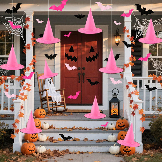 Cmaone 12 Pcs Pink Witch Hat with 109 Yards Hanging Rope 24 Pcs 3D Bat Stickers Black Pink Scary Halloween Hanging Decoration for Witch and Princess Theme Party