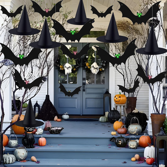 HUYFGDYSA Halloween Hanging Bats 12 Pieces 3D Realistic Scary Bats and 6 Witch Hats Costume Accessories Party Decorations for Yard Sign Outdoor Indoor Lawn Decor