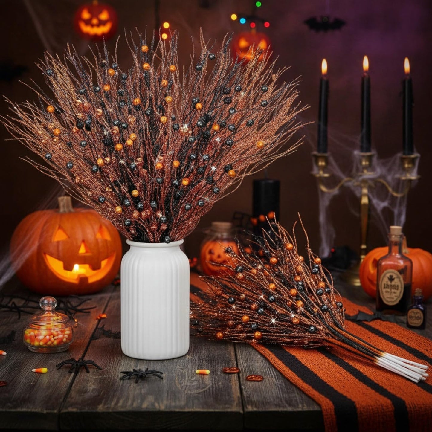 Giegxin 32 Pack Halloween Black Orange Artificial Glitter Berry Stem, 17 Inches Fall Thanksgiving Floral Picks Branches for Halloween Autumn Holiday Vase Filler Home Table Centerpieces DIY Decoration