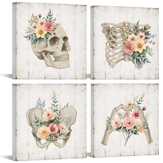KREATIVE ARTS 4-Piece Vintage Skull Canvas Wall Art Floral Skeleton Anatomy, Gothic Decor for Bedroom, Living Room, or Office, Medical Human Anatomy Halloween Print, Ready to Hang
