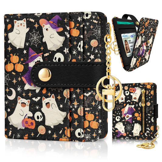Jogjam Halloween Cute Cat Ghost Rfid Wallet, Small Spooky Bats Pumpkin Slim Thin Credit Card Women Wallet, PU Leather Bifold Cash Zipper Coin Pocket for Holiday Gifts