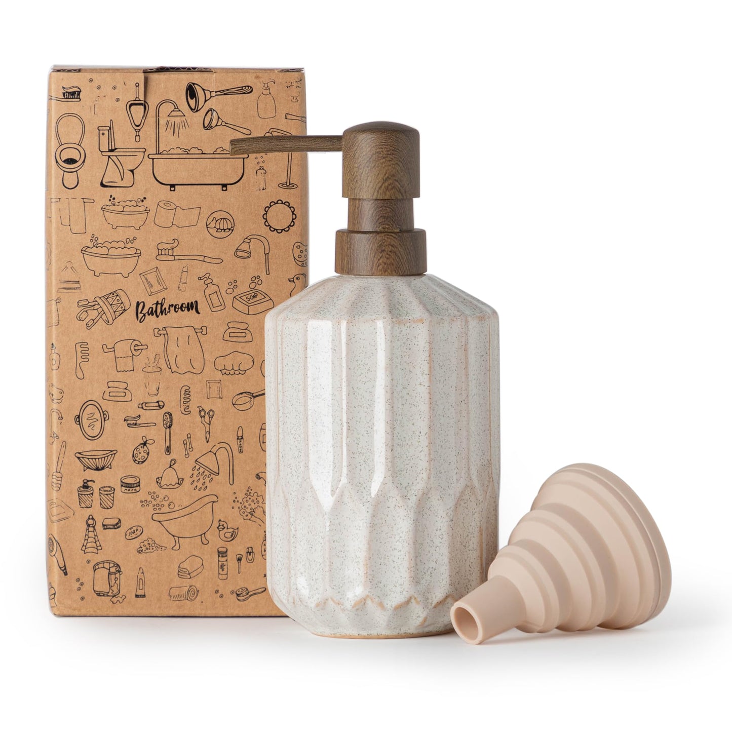 Bathroom Soap Dispenser, 16 Oz Luxurious Hand soap Dispenser for Bathroom, Ceramic Liquid Soap Dispenser for Bathroom Countertop with Plastic Pump, Silicone Funnel (Wooden Color Pump)