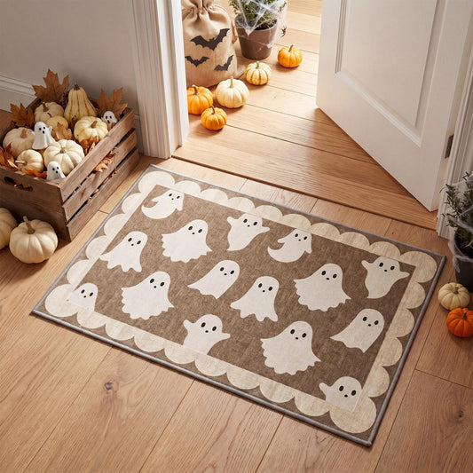 Sonwyoung Halloween Ghost Scalloped Doormat, 2x3 Neutral Non Slip Washable Area Rug, Vintage Brown Spooky Floor Mat for Indoor Outdoor Farmhouse Entryway Bedroom Kitchen Front Porch Decor